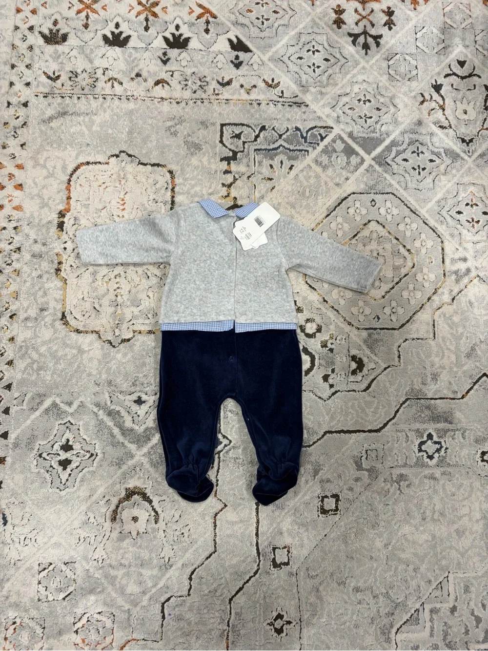 NWT Mayoral Velour Grey and Blue One-Piece with Gingham Collar, 6-9 months